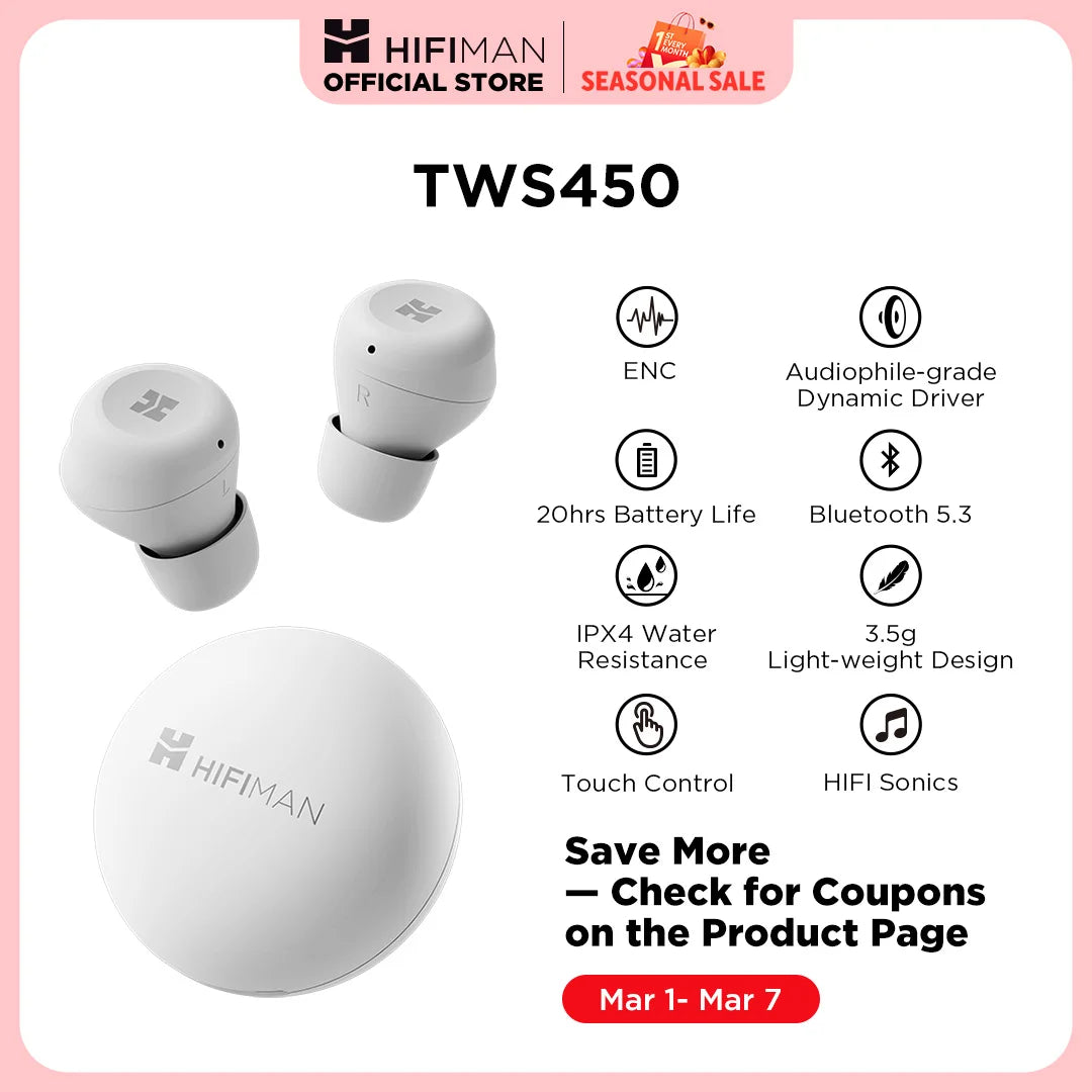 HIFIMAN TWS450 True Wireless Stereo Headset with Environmental Noise Cancellation & Audiophile-grade Dynamic Driver