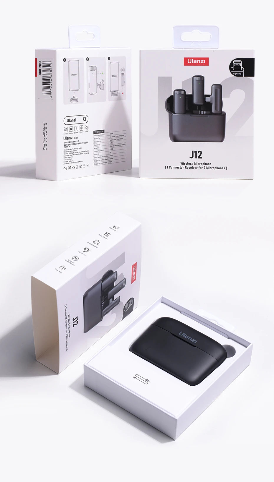 Ulanzi J12 Wireless Lavalier Lapel Microphone Set for iPhone 16/15/14 Android Mini Condenser Mic with Omnidirectional Pickup for Live Broadcast Short Video Recording