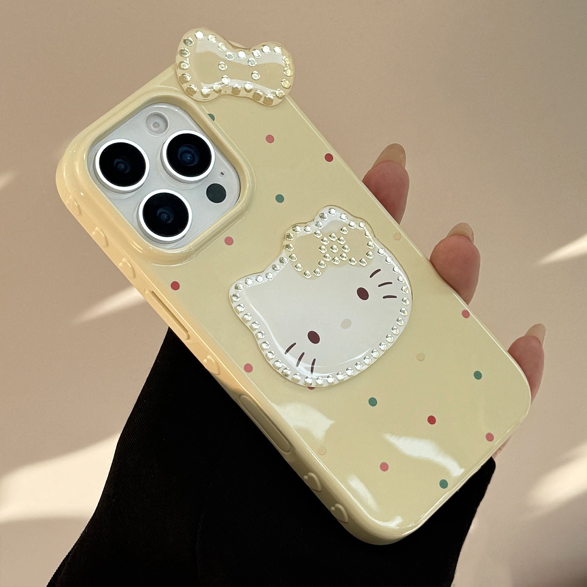 Three-dimensional gilt is suitable for 17promax Apple 16 mobile phone case iphone14 color polka dot bow cat 13 pendant.