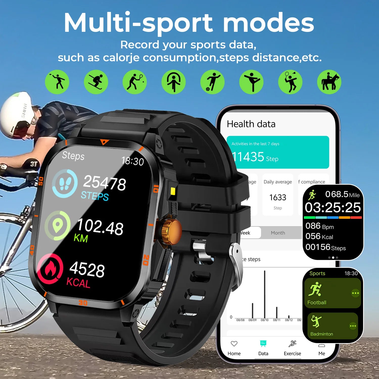 2025 NEW Military Smartwatch 2.01'' HD Screen Bluetooth Call Waterproof Outdoor Sports Fitness Tracker for Android/iOS Men