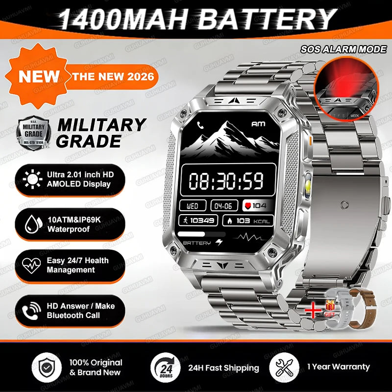 TANK Ultra 2026 1400mAh Military GPS Smart Watch Men 200Day Standby Rugged Tactical Watch 10ATM Diving SOS Satellite Alert Clock