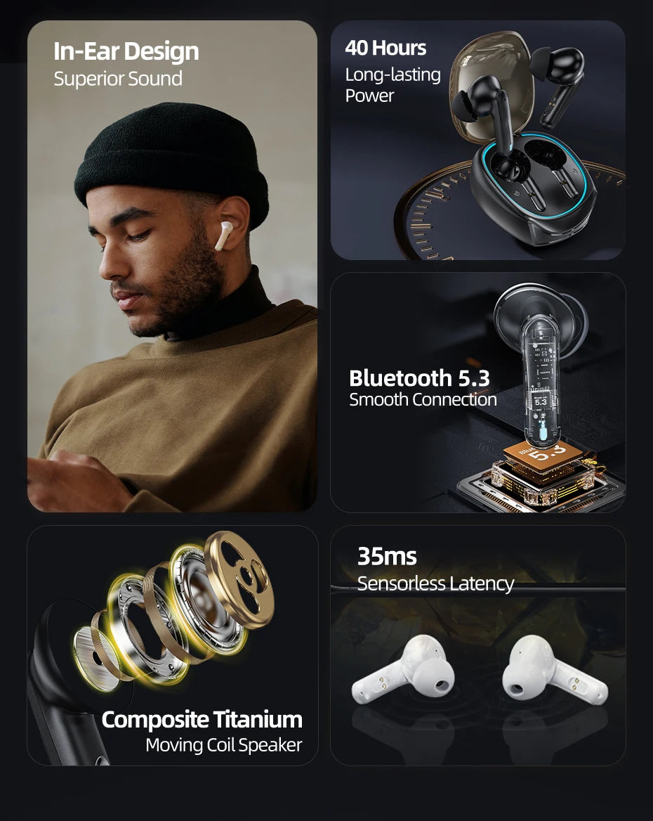 Toocki TWS Wireless Headphones Bluetooth 5.3 LED Dislpaly 35ms Gaming Low Latency Earphones Waterproof Headset Transparency Mode