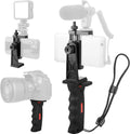Ergonomic Vlogging Phone Holder with Cold Shoe Mount Handheld Stabilizer Grip Wrist Strap for Mic Light - Wireless Charging Compatible