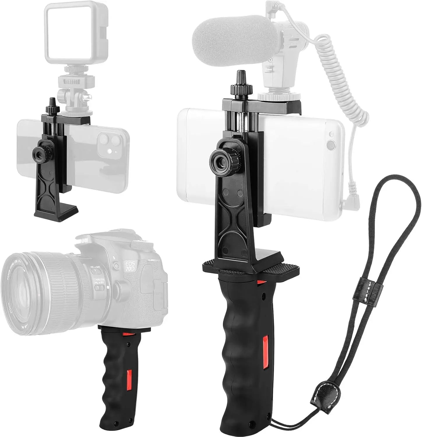 Ergonomic Vlogging Phone Holder with Cold Shoe Mount Handheld Stabilizer Grip Wrist Strap for Mic Light - Wireless Charging Compatible