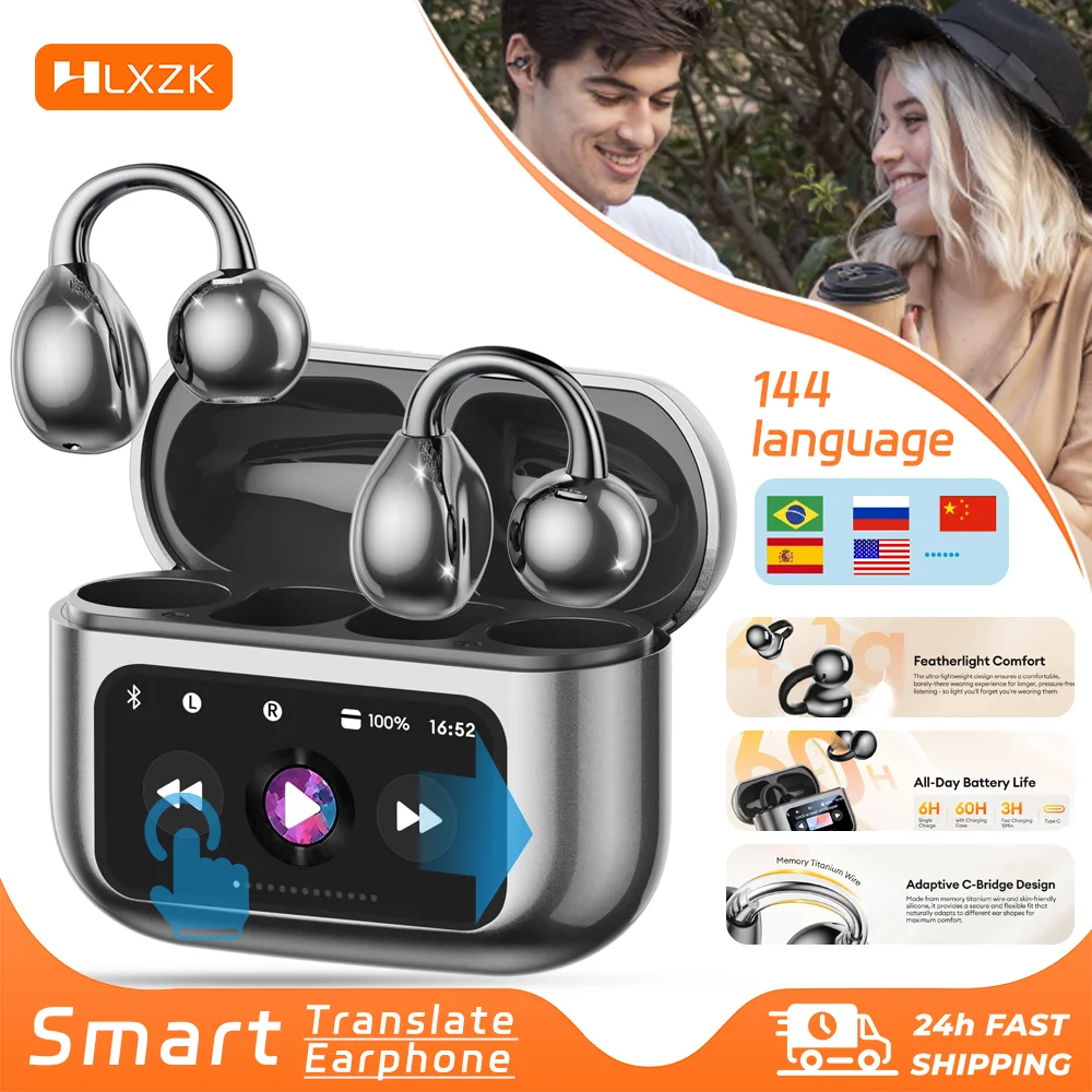 Wireless Ear Clip Earphones with Touch Screen 144 Languages AI Real Time Translation Headphones Smart Bluetooth 5.4 Earbuds