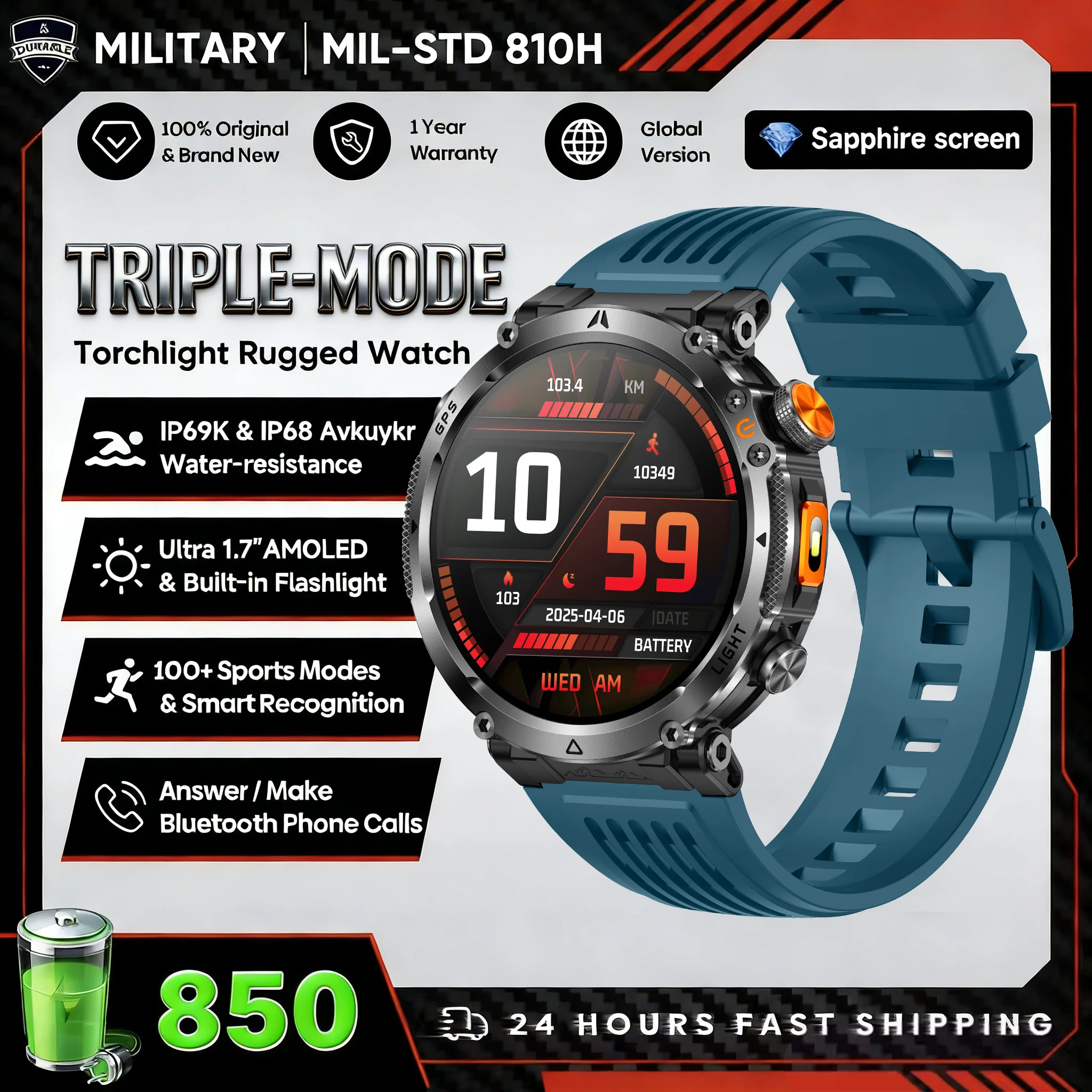 2026 New Military GPS Sports Smart Watch Men Compass 3ATM Waterproof Swim Fitness Tracker AMOLED HD SmartWatches 850Mah Battery