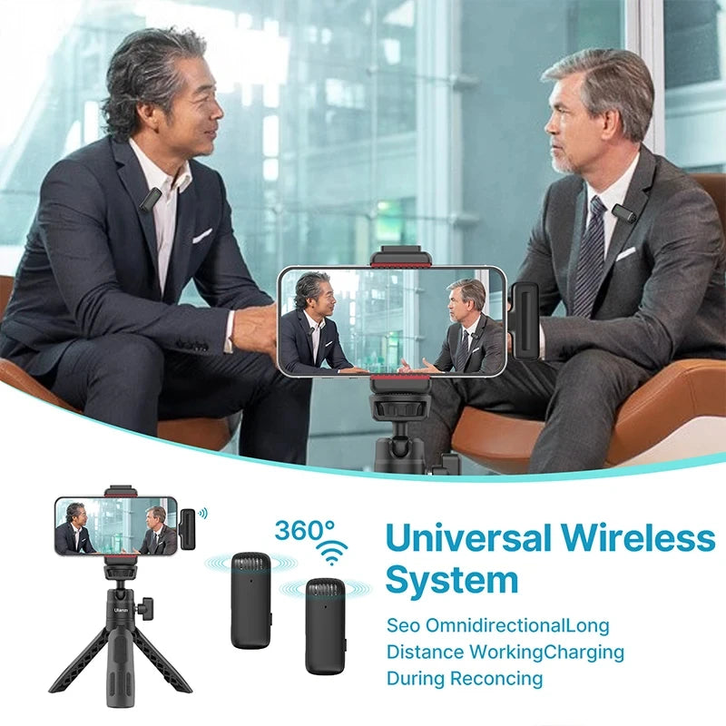 Ulanzi J12 Wireless Lavalier Lapel Microphone Set for iPhone 16/15/14 Android Mini Condenser Mic with Omnidirectional Pickup for Live Broadcast Short Video Recording