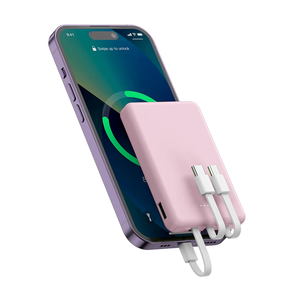 Mini Compact Portable Power Bank 5000Mah Mobile Phone Charger, Built-In Type-C Input, Built-In Usb-A Output, Built-In Type-C/ Micro/Suitable for Smartphones, Headphones, Speakers and Other Products