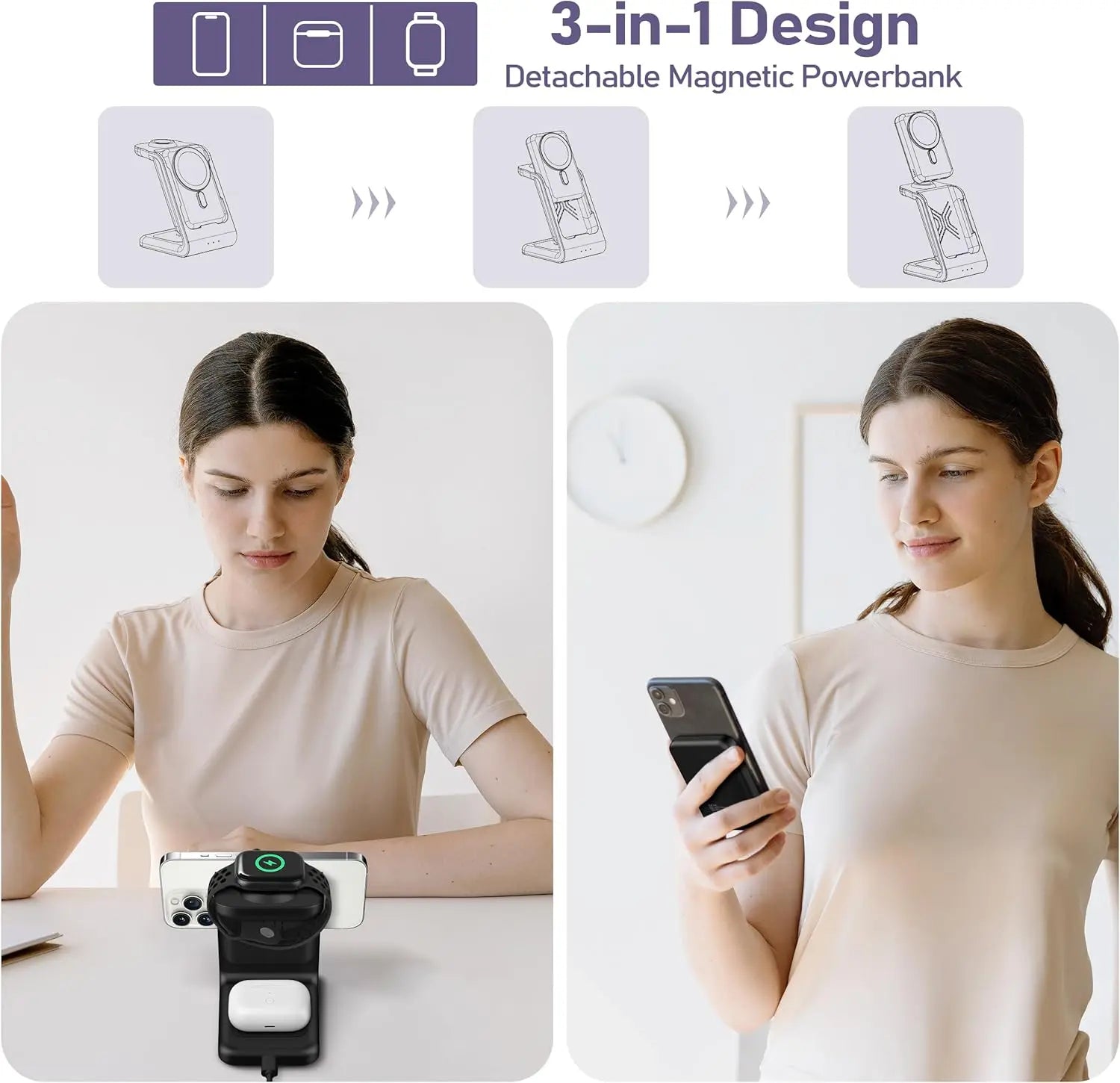 3-in-1 Wireless Charging Station with 10000mAh Detachable Power Bank – Portable Magnetic Charger for Phone, Watch & AirPods with Stand.