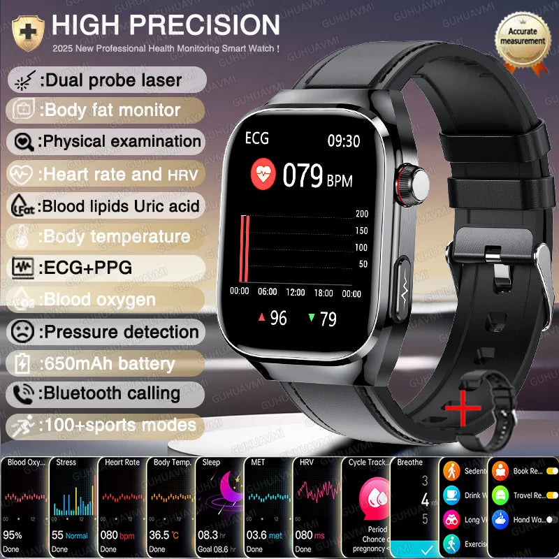 New Nursing Level Blood Pressure Laser Therapy Diagnosis Smart Watch Men Women Clock ECG+PPG Uric Acid Lipid Heart Rate Watches