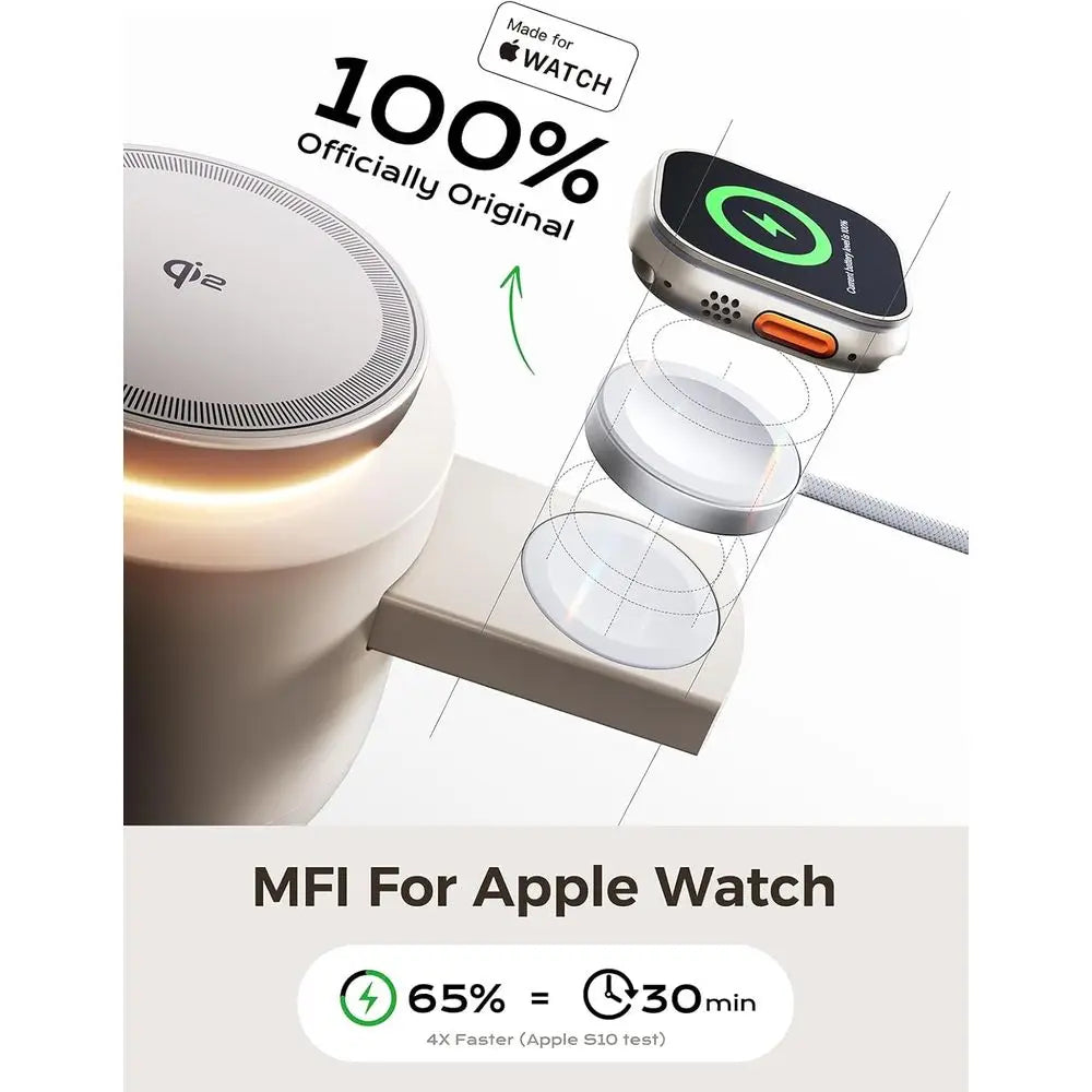 4-in-1 Wireless Charging Station – Qi2 15W Magnetic Charger for iPhone 17/16/15/14/13/12, Apple Watch & AirPods, 65W Adapter Included.