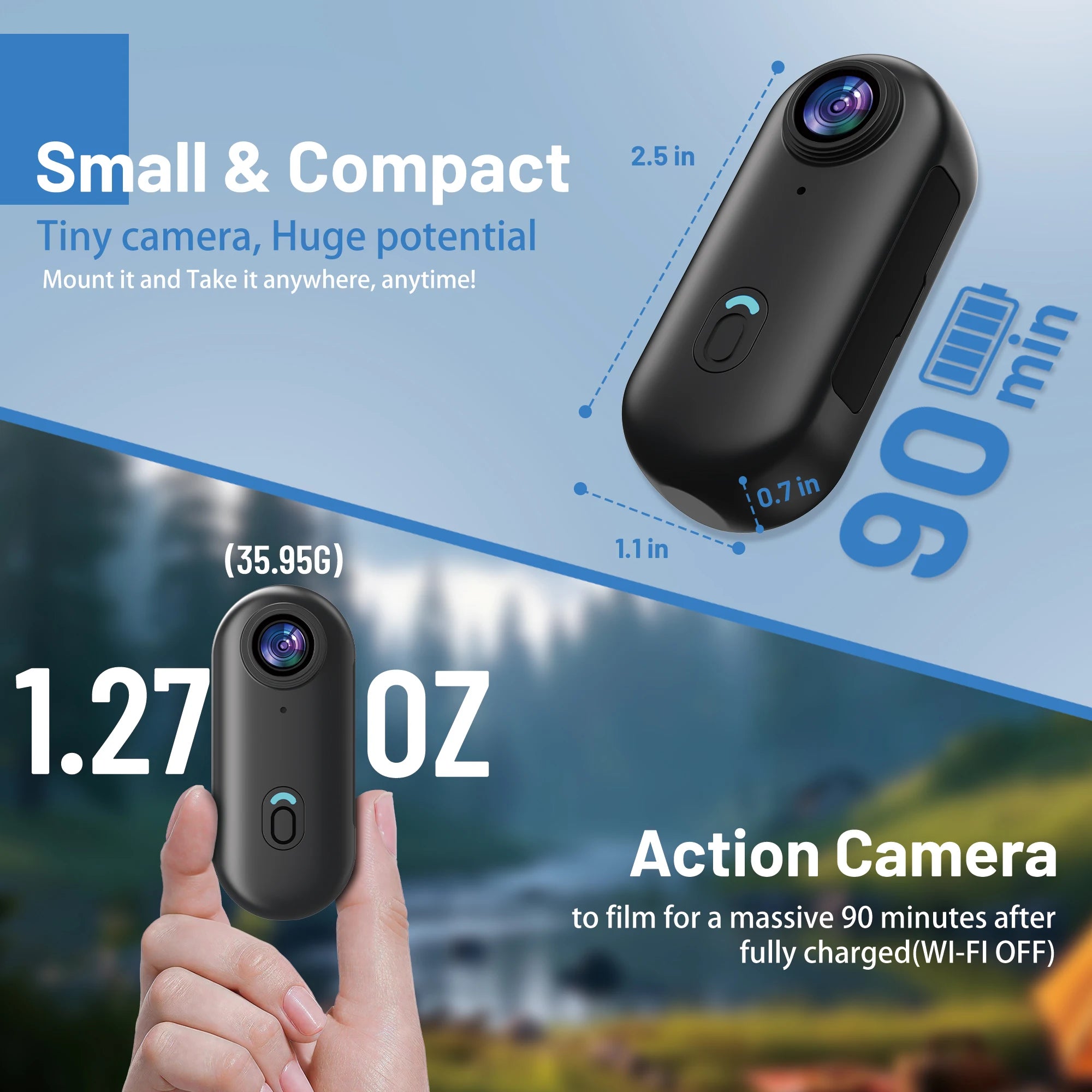 4K Mini WIFI Action Camera 128GB Black Portable Thumb Video Recorder with IPX7 Waterproof Helmet Mount for Vlogging