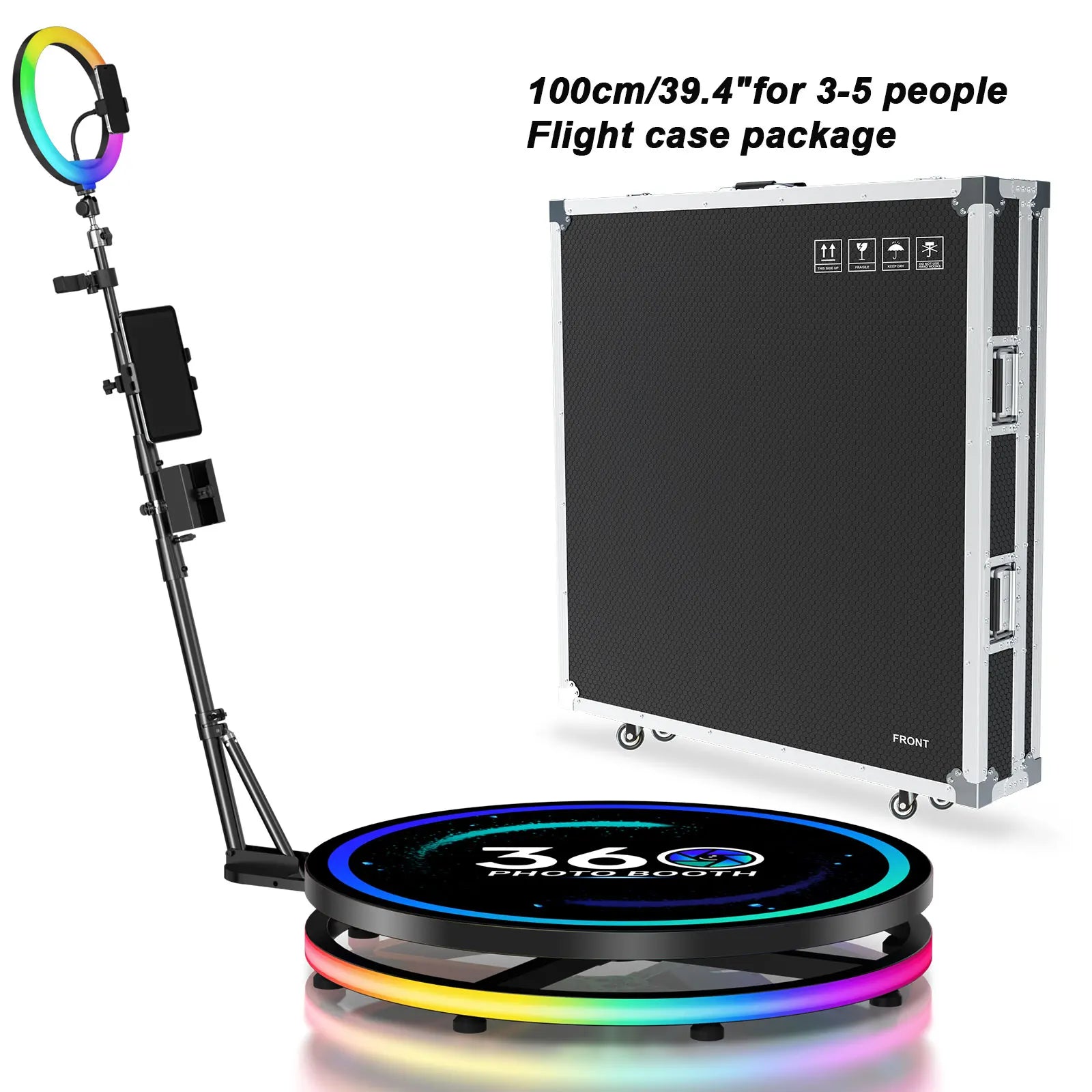 360 Photo Booth Rotating Platform with RGB Ring Light – Selfie Spinner Photobooth for Parties, Weddings & Events, Flight Case Included