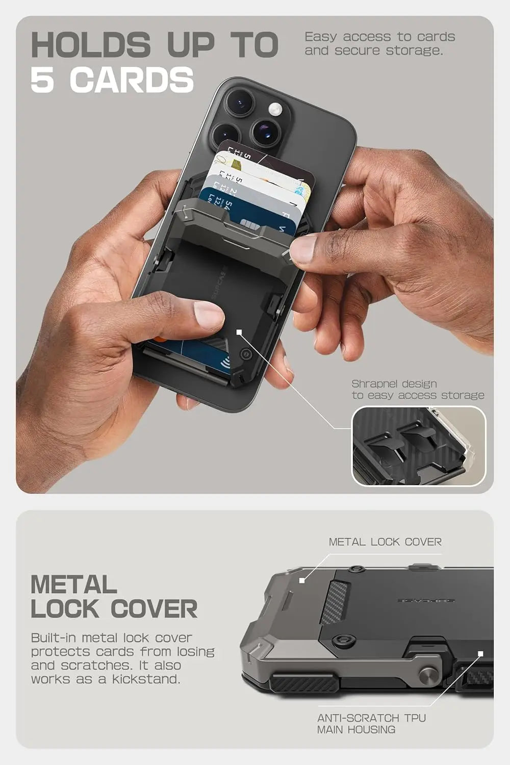Black Magnetic Wallet Stand for iPhone 17/16/15/14/13/12 Series Holds 5 Cards Adjustable Tripod with RFID Blocking