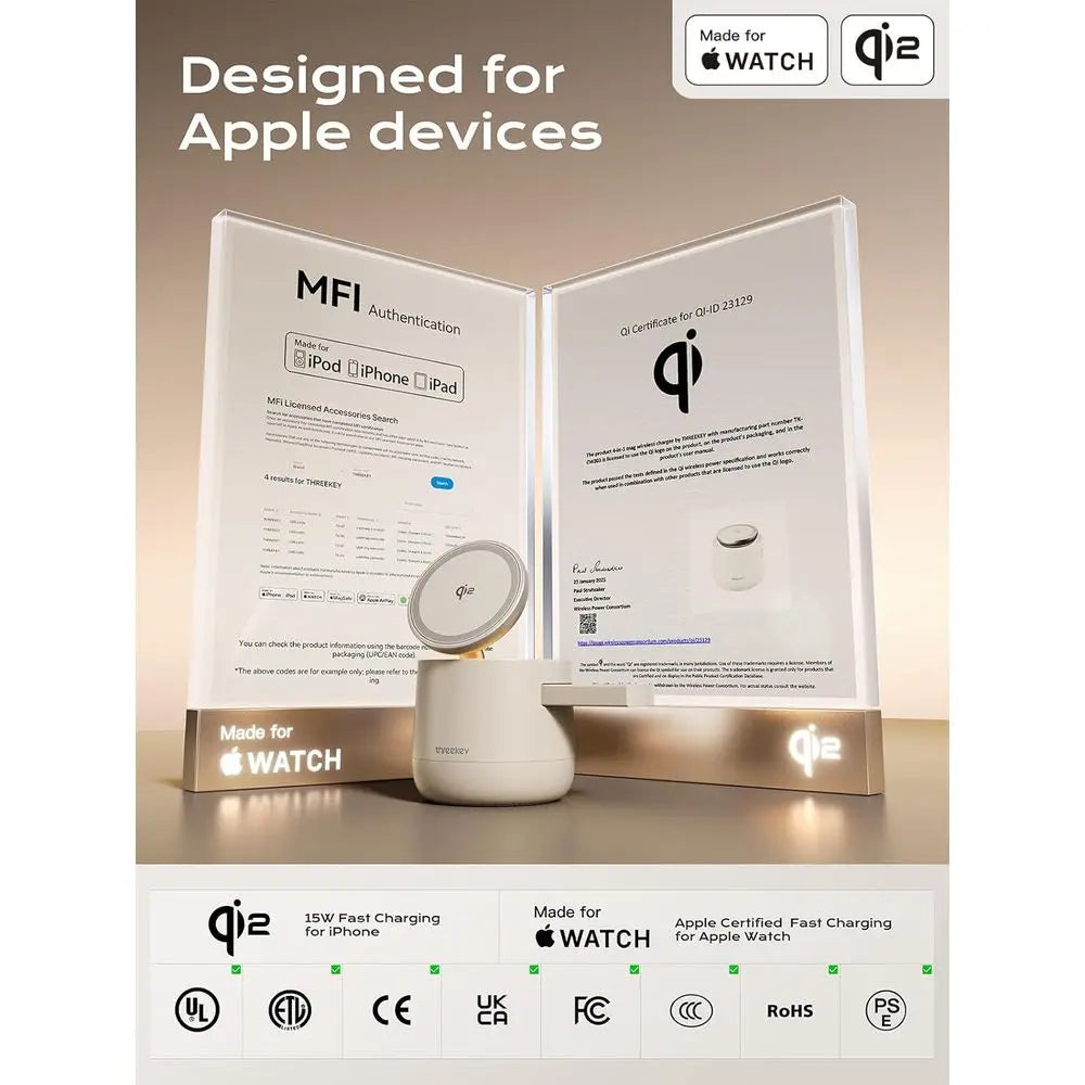4-in-1 Wireless Charging Station – Qi2 15W Magnetic Charger for iPhone 17/16/15/14/13/12, Apple Watch & AirPods, 65W Adapter Included.