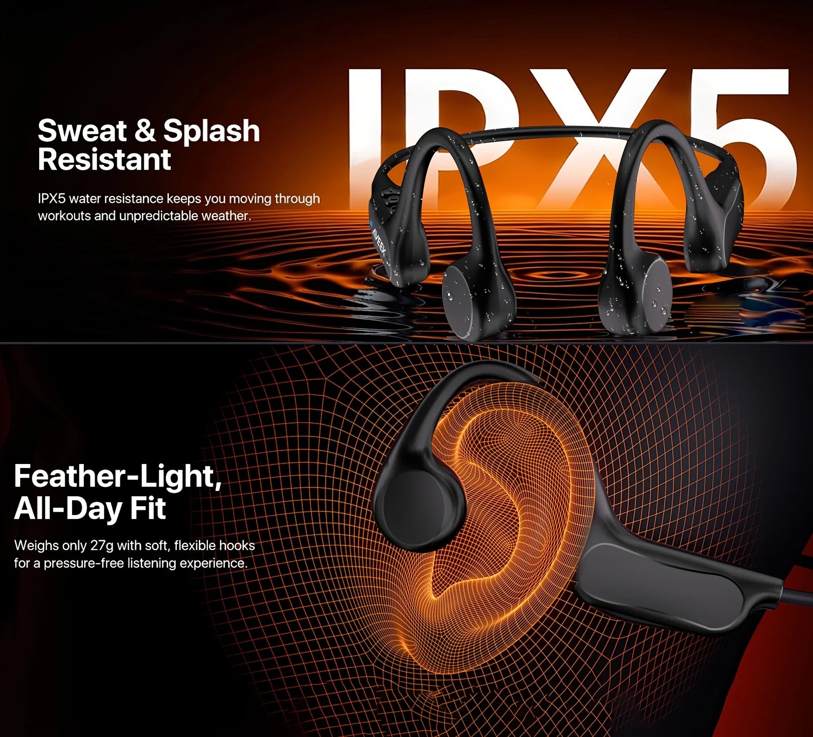 Aveek Bone Conduction Wireless Earbuds Waterproof Sports Earbuds 10-Hour Long Battery Life Designed for Outdoor Sports