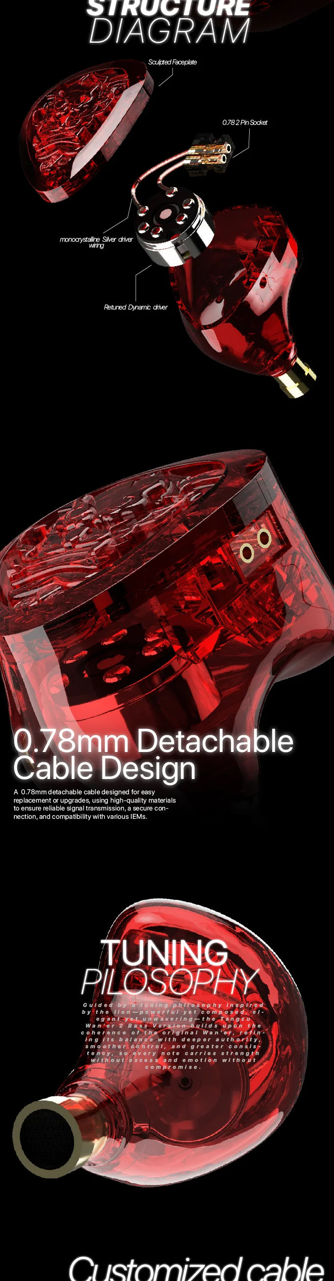 TANGZU WANER SG 2 Red Lion Edition 10mm PET Single Dynamic In-Ear Earphones with Silicone Storage Bag and Sancai wide bore