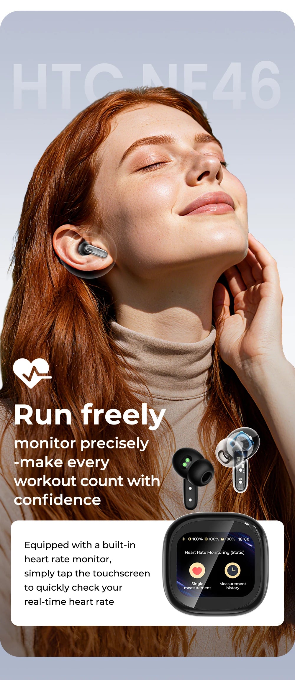 HTC NE46 TWS Earbuds BT 6.0 Heart Rate Monitoring Earbuds Smart Screen Charging Case  Noise Cancelling HiFi Stereo AI Translator
