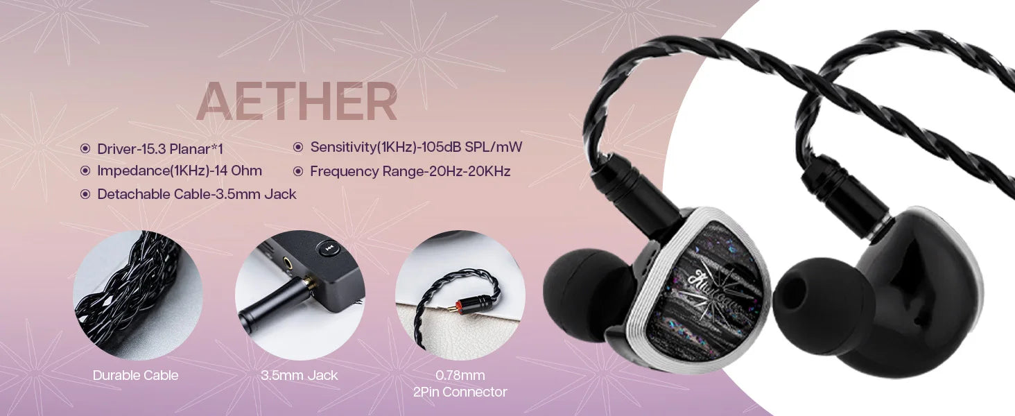 Linsoul Kiwi Ears Aether 15.3mm Large Planar Driver IEM Hifi Earphones with Detachable Cable System for Gaming and Musician