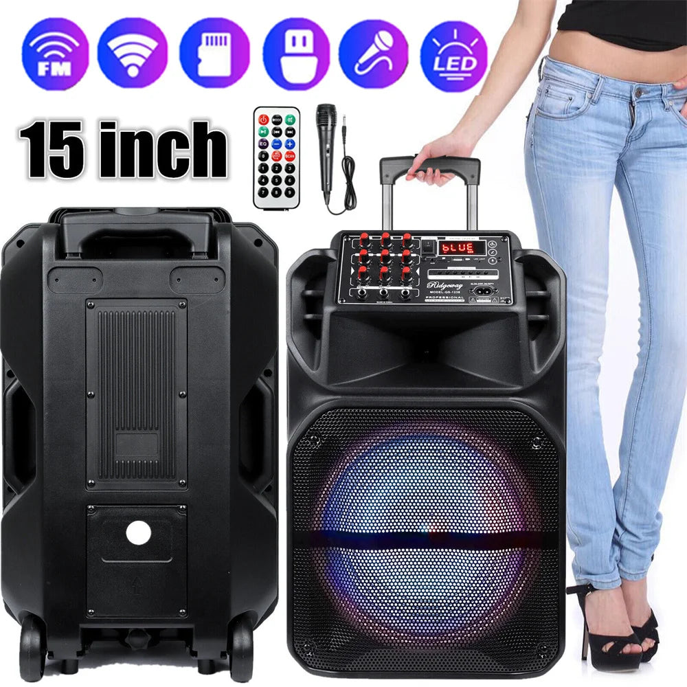 9000W Portable Bluetooth Speaker with 15' Subwoofer Heavy Bass Party System - AUX LED Light & Mic High Quality Karaoke Speaker