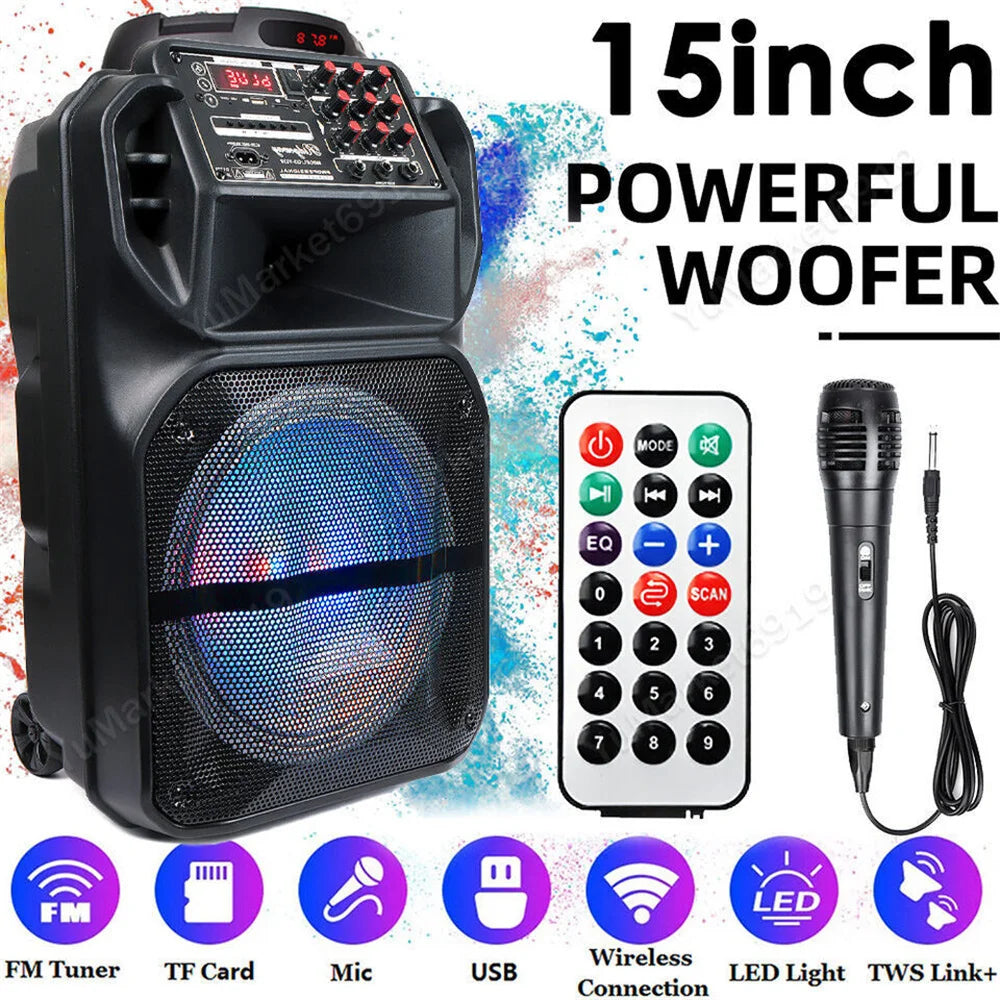 9000W Portable Bluetooth Speaker with 15' Subwoofer Heavy Bass Party System - AUX LED Light & Mic High Quality Karaoke Speaker