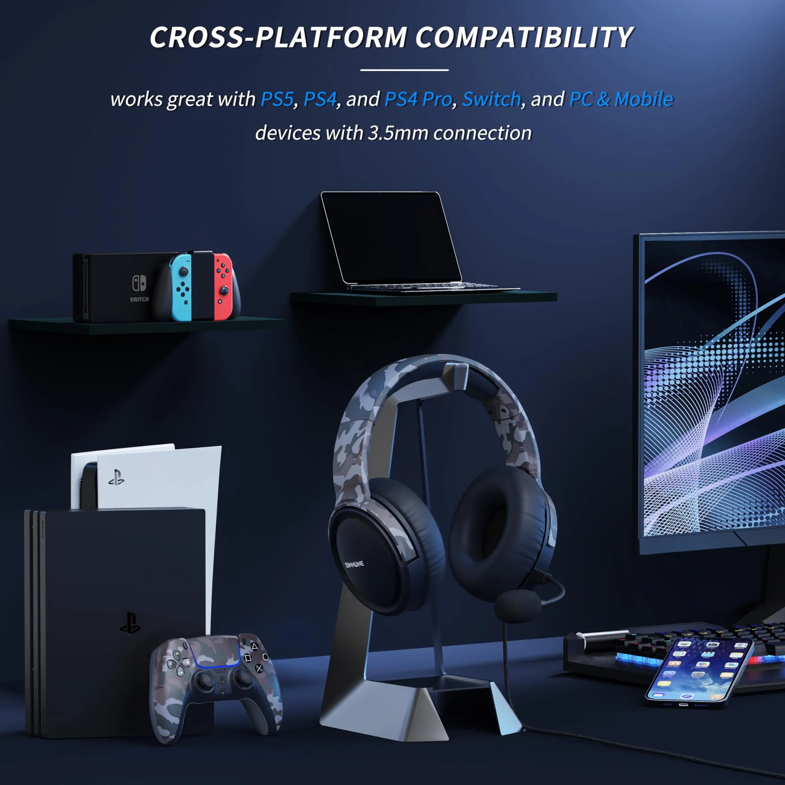 BINNUNE Gaming Headset with Microphone, Wired Gaming Headphones for PS5 PS4 Xbox Series X|S Xbox One PC Nintendo Switch, Noise Cancelling, Stereo Sound