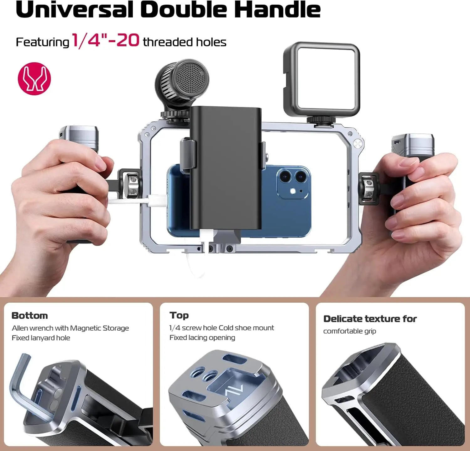 Universal Phone Video Rig Kit with Dual Handles Aluminum Stabilizer Grip for iPhone 16 to 8 plus Cold Shoe Mount