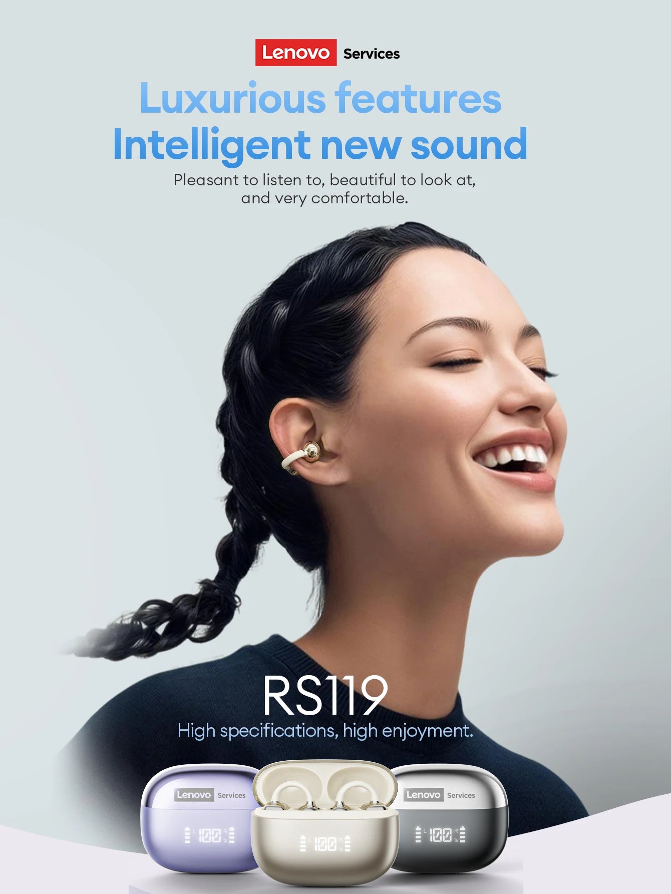 Lenovo Open Ear Wireless Earbuds Bluetooth 6.0 Comfort Clip On Gaming Sports Earphones LED Digital Power Display RS119 Pro
