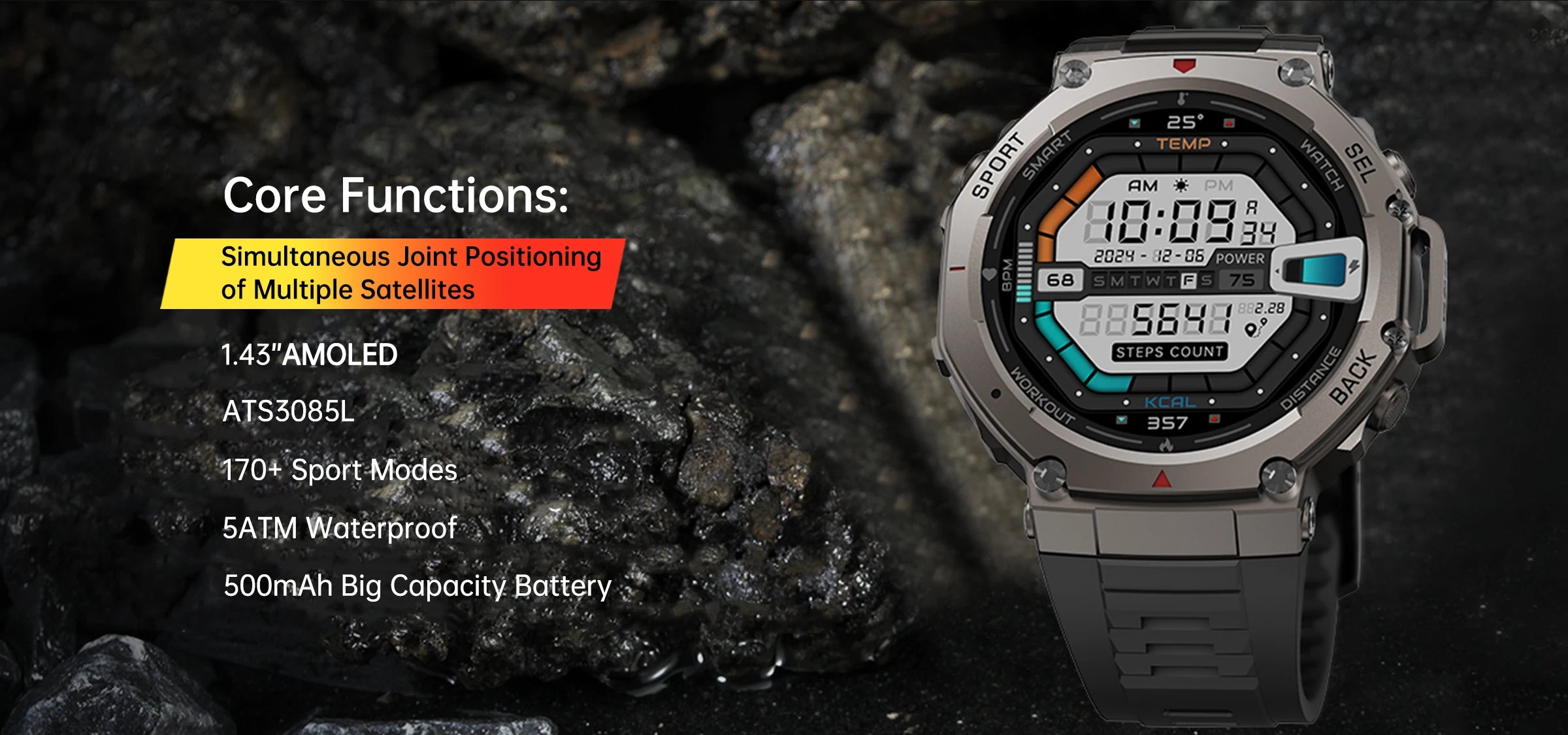 New Rugged GPS DM58 Smart Watch 500mAh Battery 170 Sport Modes 5ATM Waterproof Bt Call AMOLED Display Fitness Outdoor