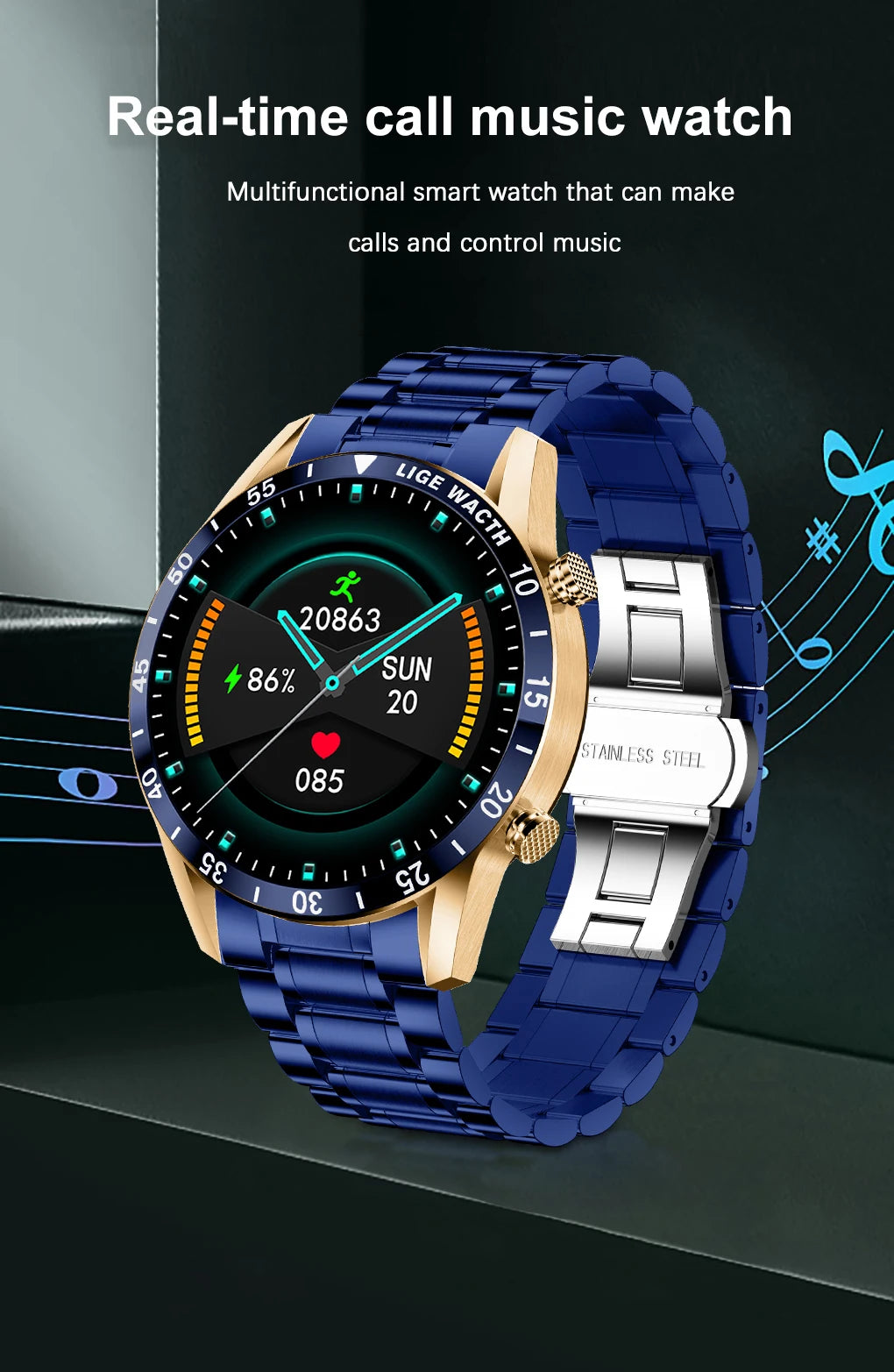 LIGE Men's Fashion Smart Watch Full Touch Bluetooth Call Waterproof Sport Fitness Tracker Luxury Steel Band Smartwatch for Adults