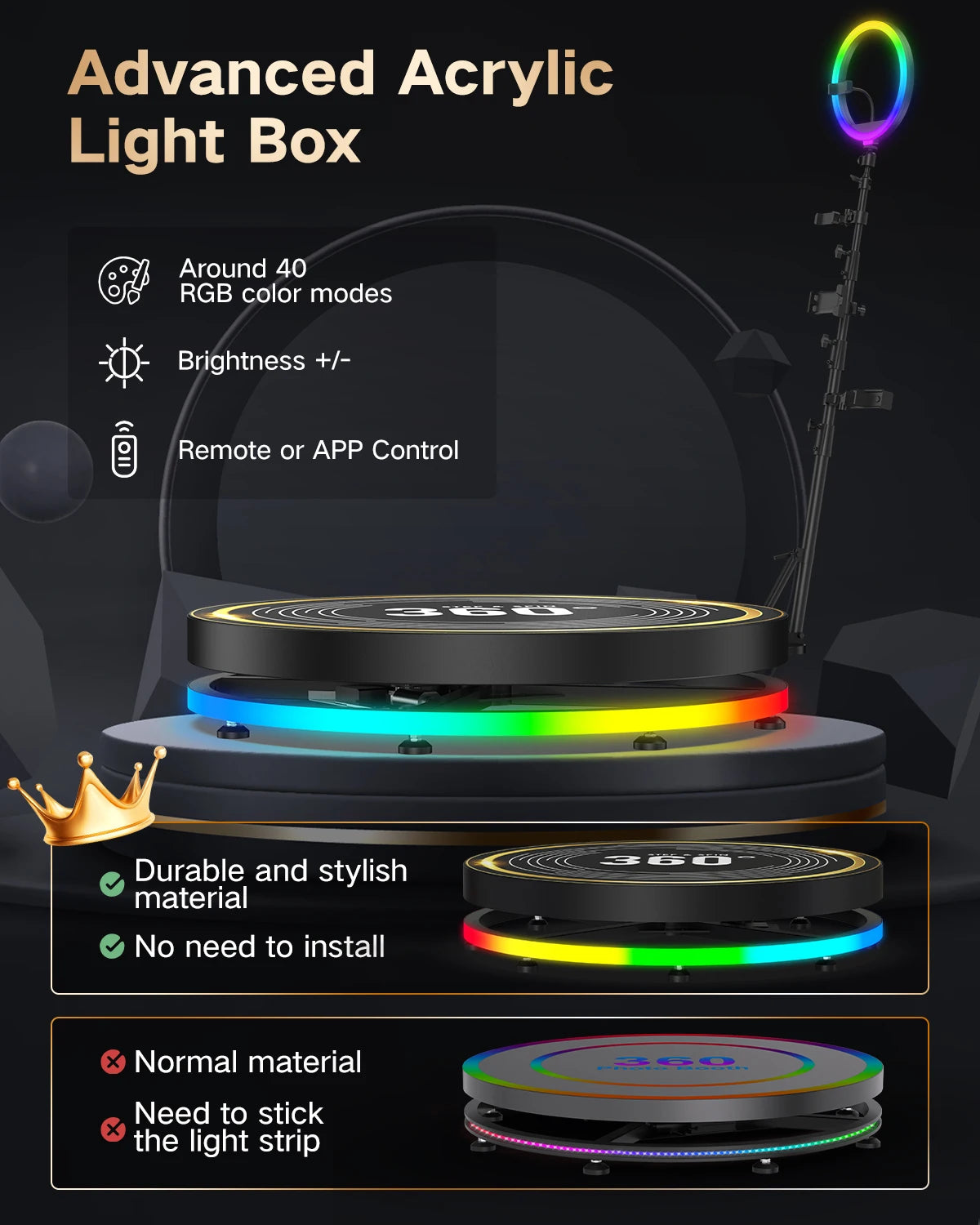 360 Photo Booth Rotating Platform with RGB Ring Light – Selfie Spinner Photobooth for Parties, Weddings & Events, Flight Case Included
