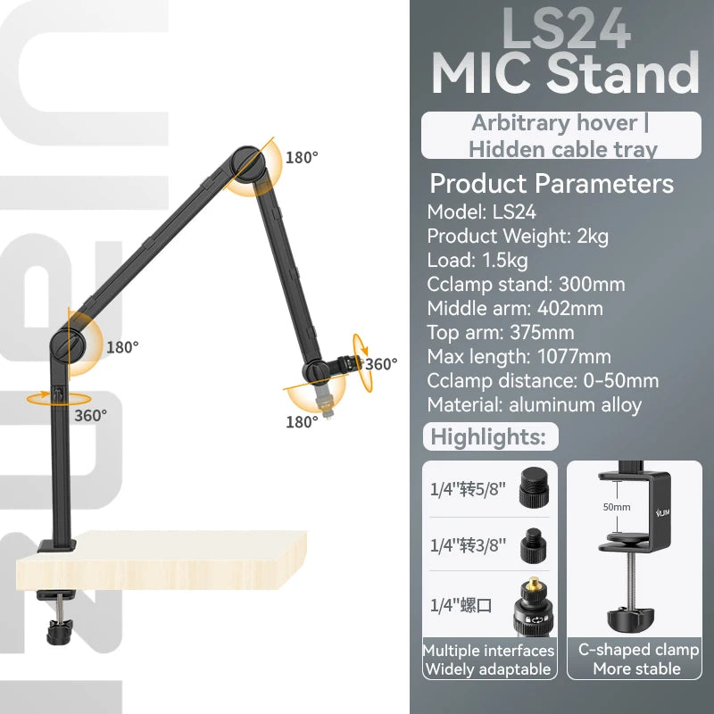 Ulanzi Vijim LS24 Microphone Boom Arm Stand Desktop Adjustable For DSLR Camera Smartphone Fill Light Microphone Holder Mount