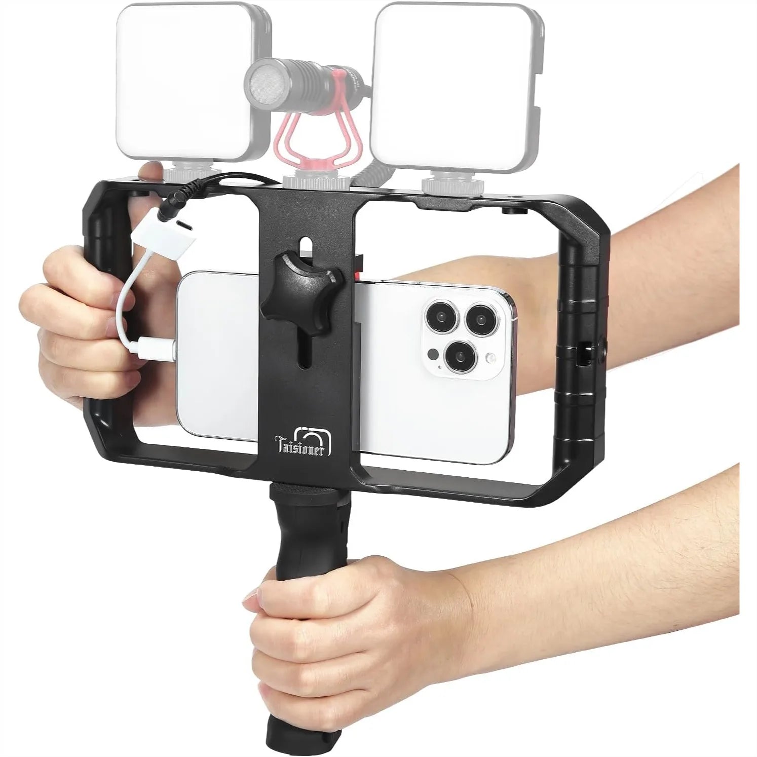 Smartphone Video Rig Hand Grip Stabilizer for iPhone 15/14/13/12 pro Max Android with Cold Shoe Filmmaking Vlogging Case