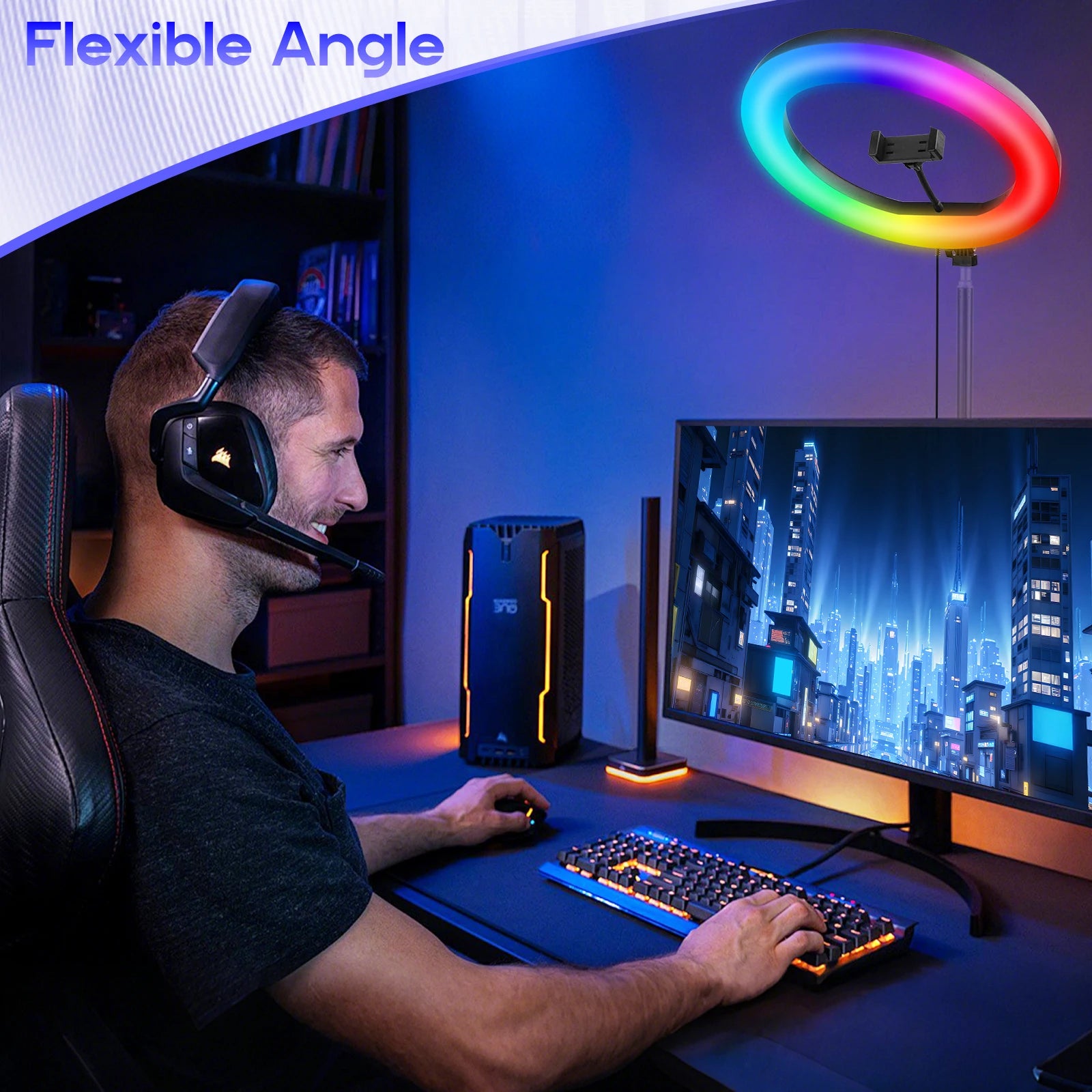 12' RGB Ring Light with Handle And Tripod 360° Rotatable Phone Clip 101 Color Modes Wired Control for Mobile Streaming