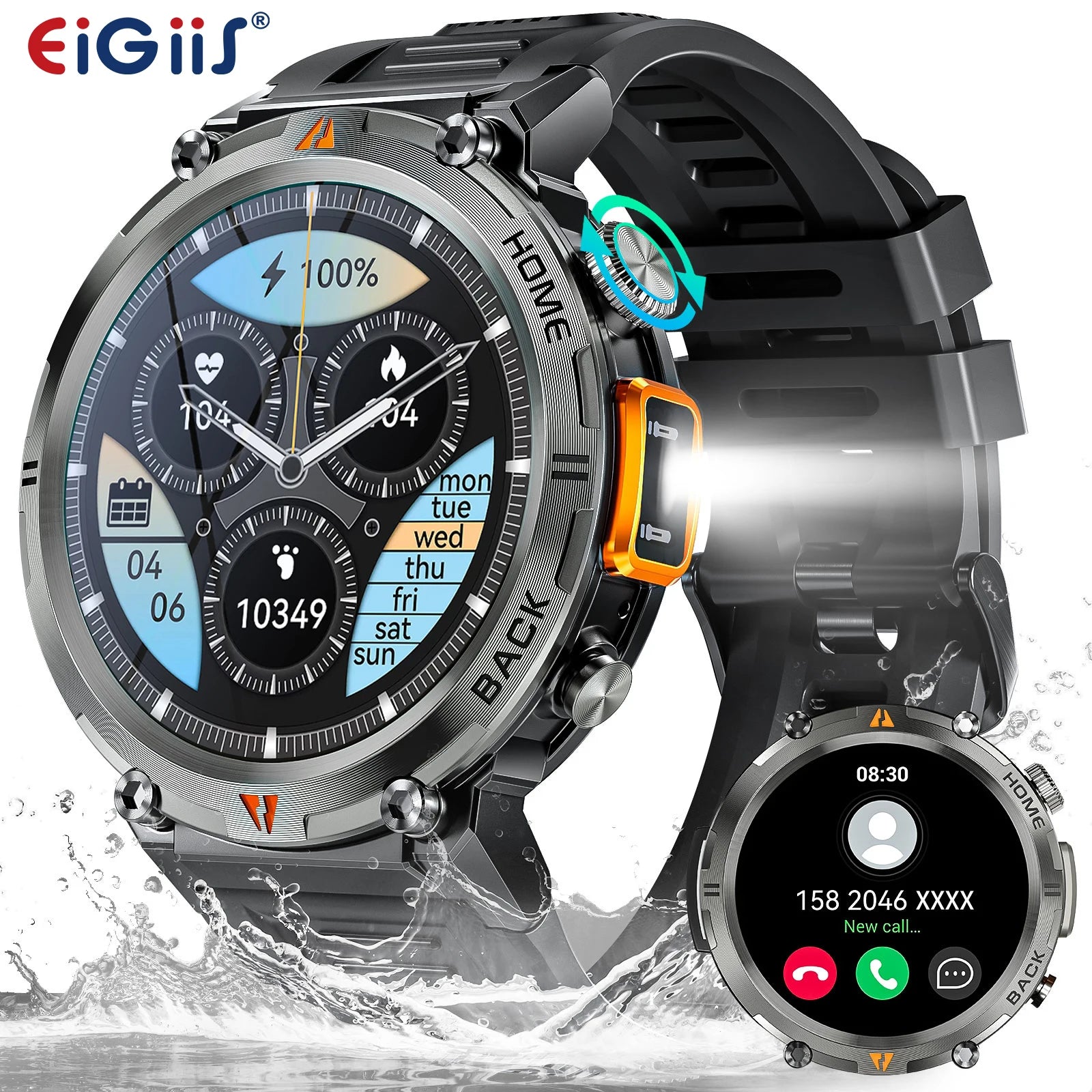 EIGIIS KE3 2025 New Bluetooth Call smartwatch for men Full Touch Screen With Health Monitor heart rate Flashlight Smart watch