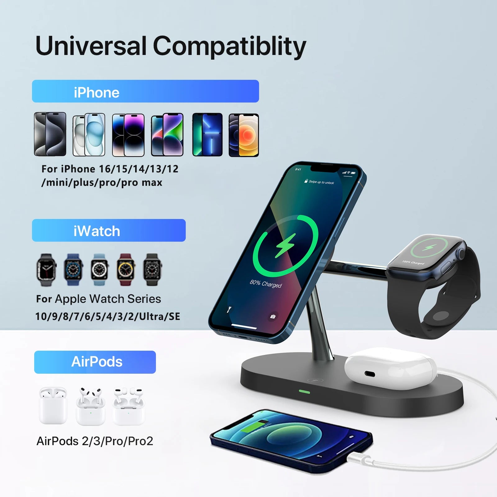 3-in-1 Wireless Charging Stand – Fast Charger for iPhone 17/16/15/14/13/12, Apple Watch & AirPods, Magnetic Charging Station Dock.