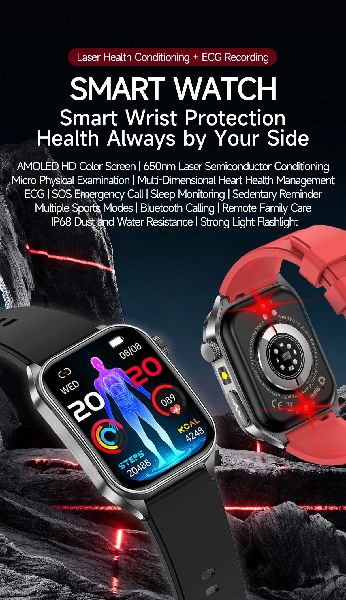 New Laser Treatment Three High Smart Watch Men ECG Heart Rate Uric Acid Health Tracker 1.95 inches Sapphire Glass SmartBracelet