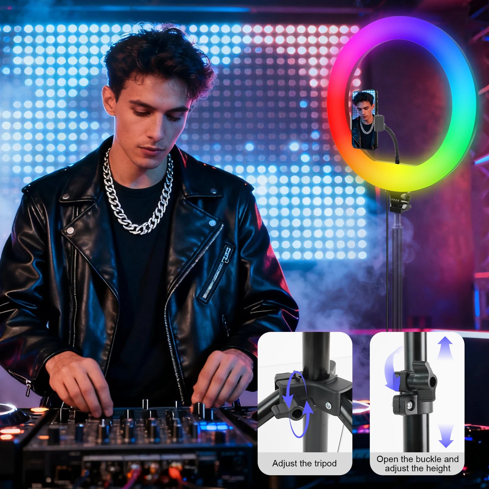 12' RGB Ring Light with Handle And Tripod 360° Rotatable Phone Clip 101 Color Modes Wired Control for Mobile Streaming