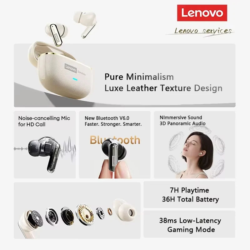 Lenovo LE208 Bluetooth V6.0 Earphones ENC Noise Cancelling Wireless Headphone Low Latency Gaming Music Earbuds HD Call With Mic