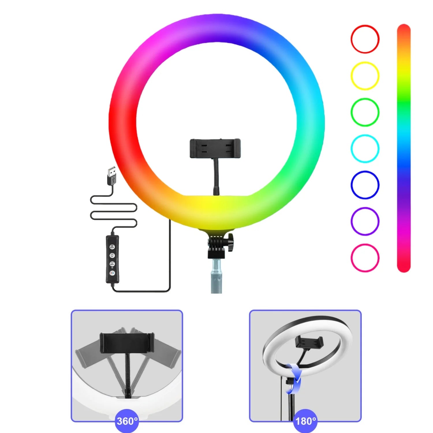 12' RGB Ring Light with Handle And Tripod 360° Rotatable Phone Clip 101 Color Modes Wired Control for Mobile Streaming