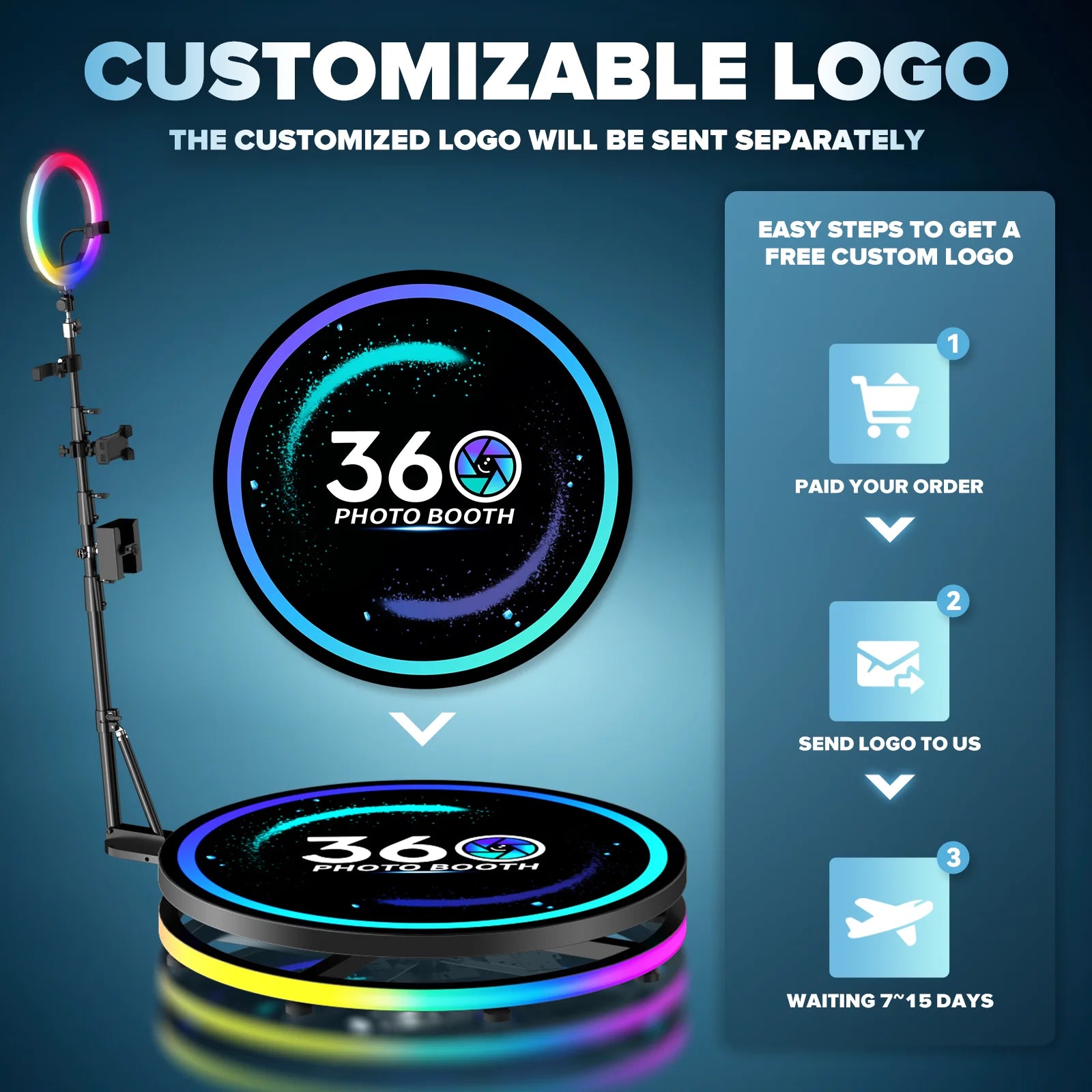 360 Photo Booth Rotating Platform with RGB Ring Light – Selfie Spinner Photobooth for Parties, Weddings & Events, Flight Case Included