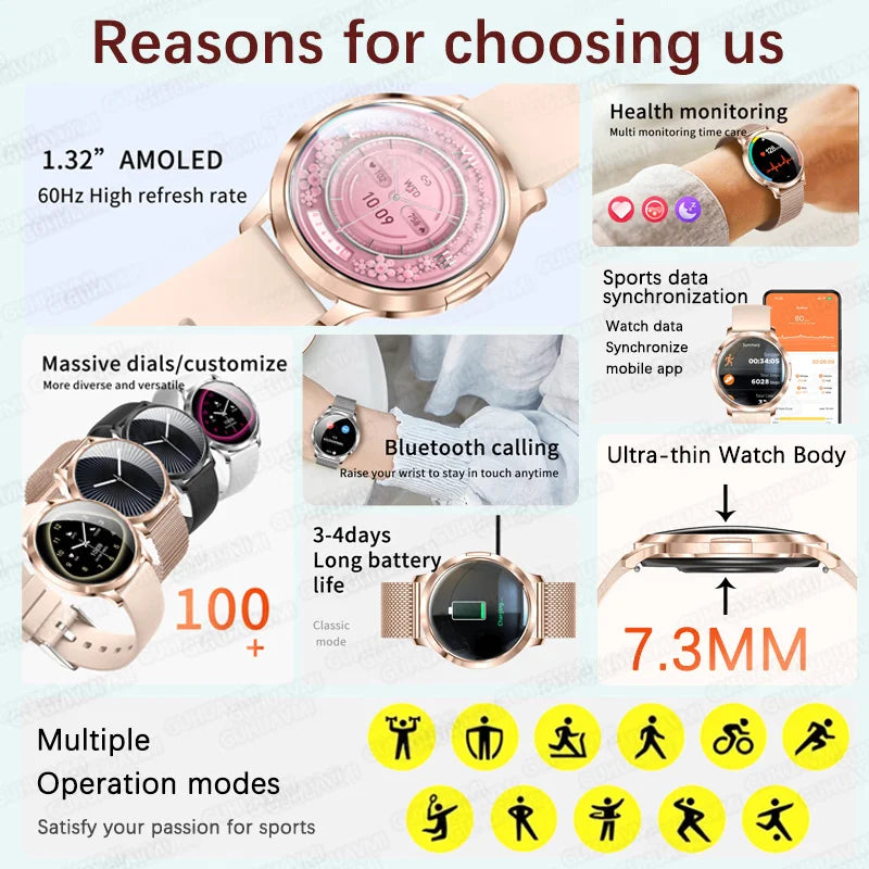 2025 New 1.32inch AMOLED Smart Watch Women GPS Trajectory Heart Rate Bluetooth Call Always Display Lady Smartwatches Men For IOS