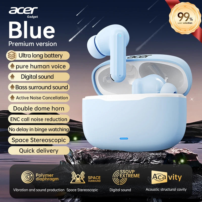 Acer In-Ear Wireless Bluetooth Headphones with Anc Active Noise Reduction, Hd Calls, Dolby Surround Sound, Large Battery, Long Battery Life, No Delay for Music and Games, Suitable for Sports, Running, and Fitness Use