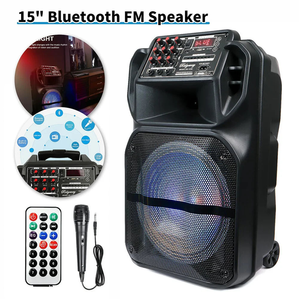 9000W Portable Bluetooth Speaker with 15' Subwoofer Heavy Bass Party System - AUX LED Light & Mic High Quality Karaoke Speaker