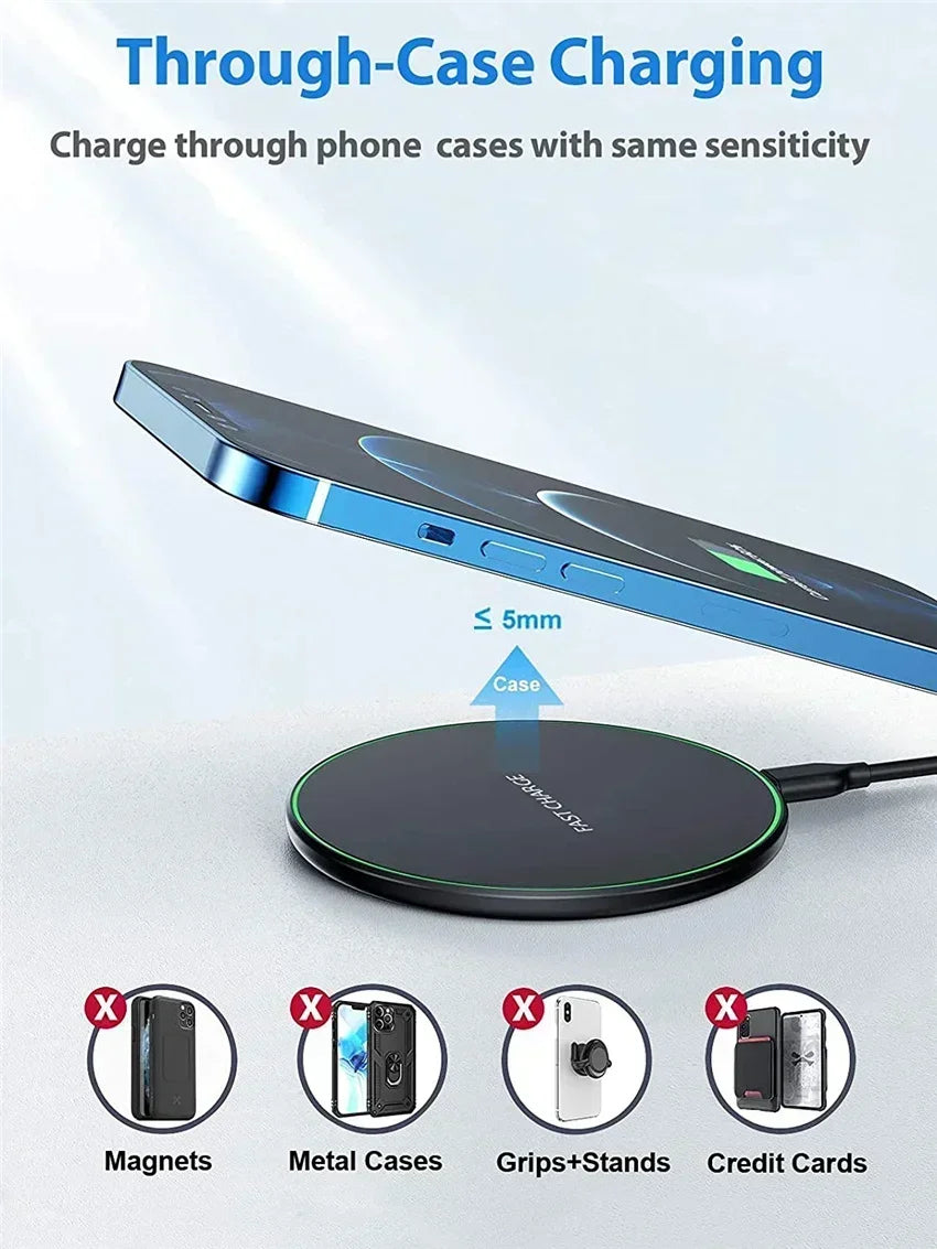Fast Wireless Charger Pad – Qi Charging Dock for iPhone 16/15/14/13/12/X/XS Max & Samsung, Xiaomi, Huawei Phones.