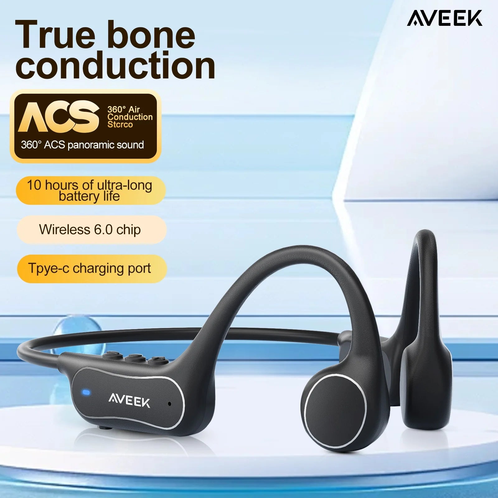 Aveek Bone Conduction Wireless Earbuds Waterproof Sports Earbuds 10-Hour Long Battery Life Designed for Outdoor Sports