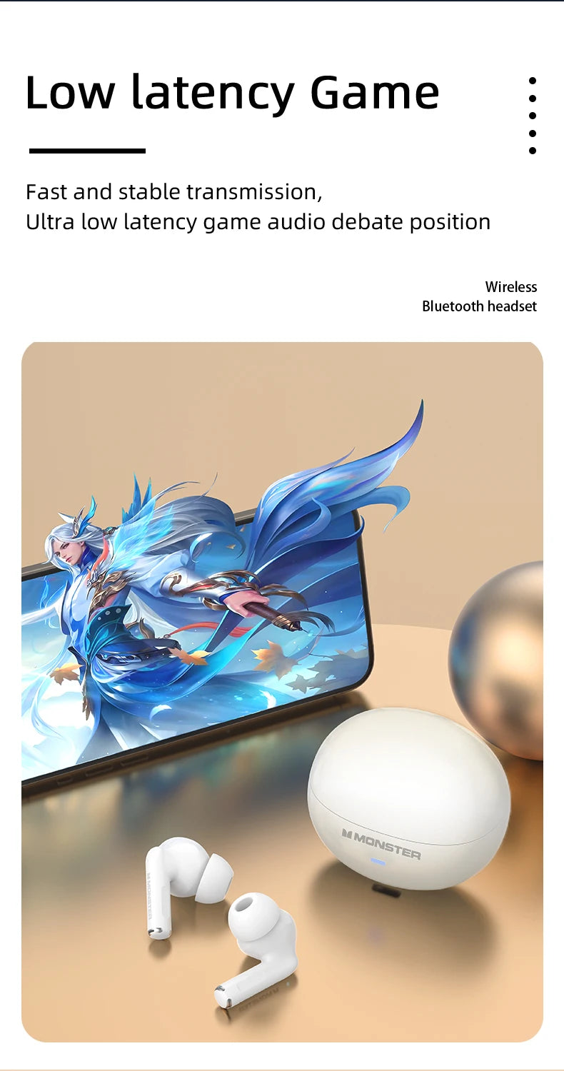 Monster MQT39 Gaming Earphone Ture Wireless Bluetooth 6.0 Headphones Low Latency Noise Reduction Earbuds Headset With Mic New
