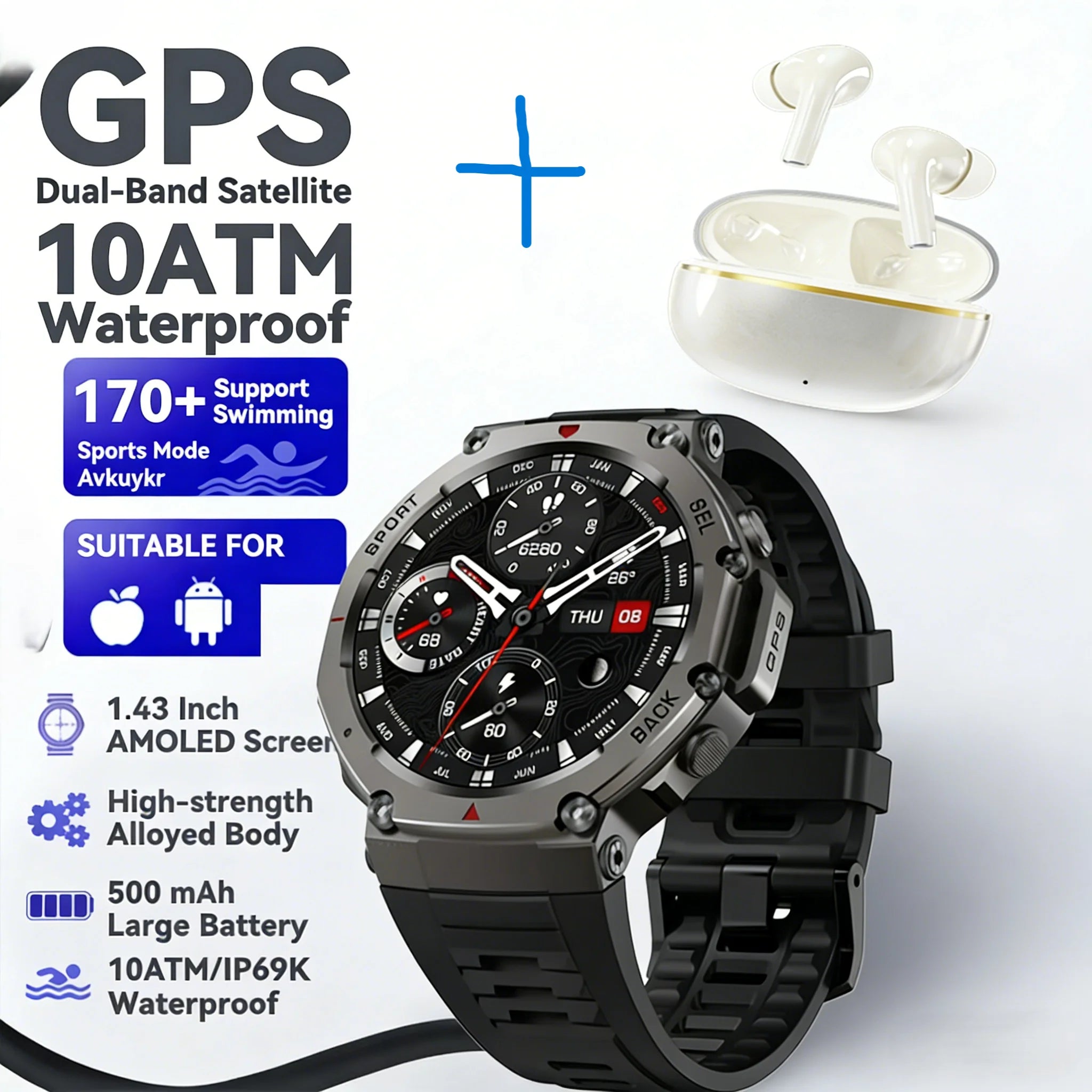 New Rugged GPS DM58 Smart Watch 500mAh Battery 170 Sport Modes 5ATM Waterproof Bt Call AMOLED Display Fitness Outdoor