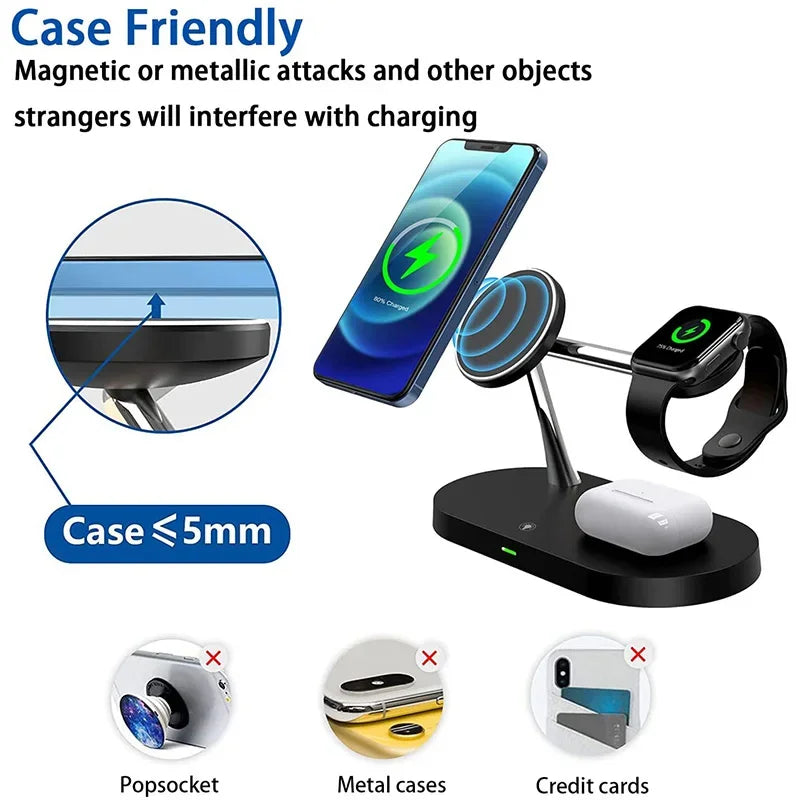 3-in-1 Wireless Charging Stand – Fast Charger for iPhone 17/16/15/14/13/12, Apple Watch & AirPods, Magnetic Charging Station Dock.