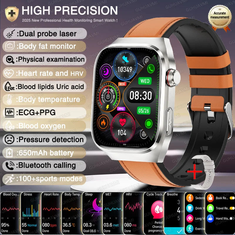 New Nursing Level Blood Pressure Laser Therapy Diagnosis Smart Watch Men Women Clock ECG+PPG Uric Acid Lipid Heart Rate Watches